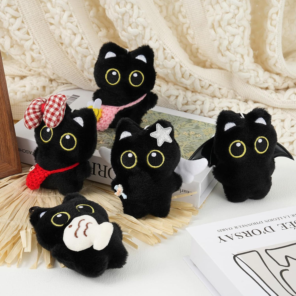 Black Cat Plush Keychain Bag Charms – Cute Kawaii Accessories for Handbags, Backpacks & Purses
